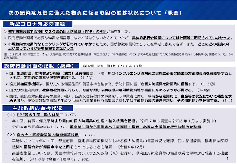 次の感染症危機に備えた物資に係る取組の進捗状況について(概要)