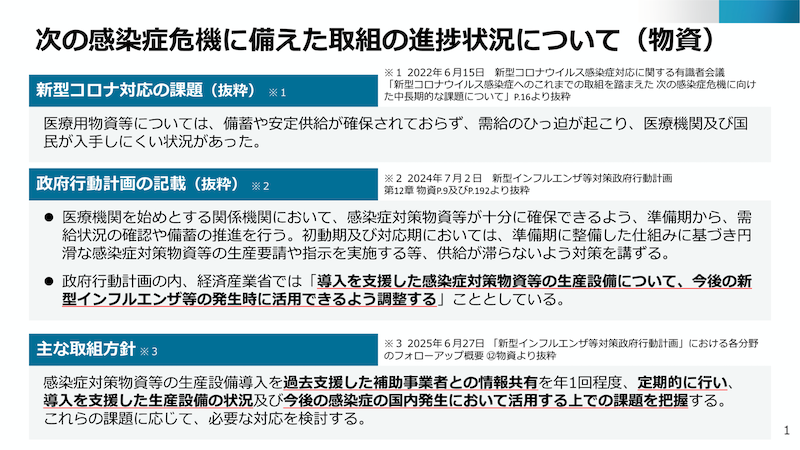 次の感染症危機に備えた物資に係る取組の進捗状況について(物資)