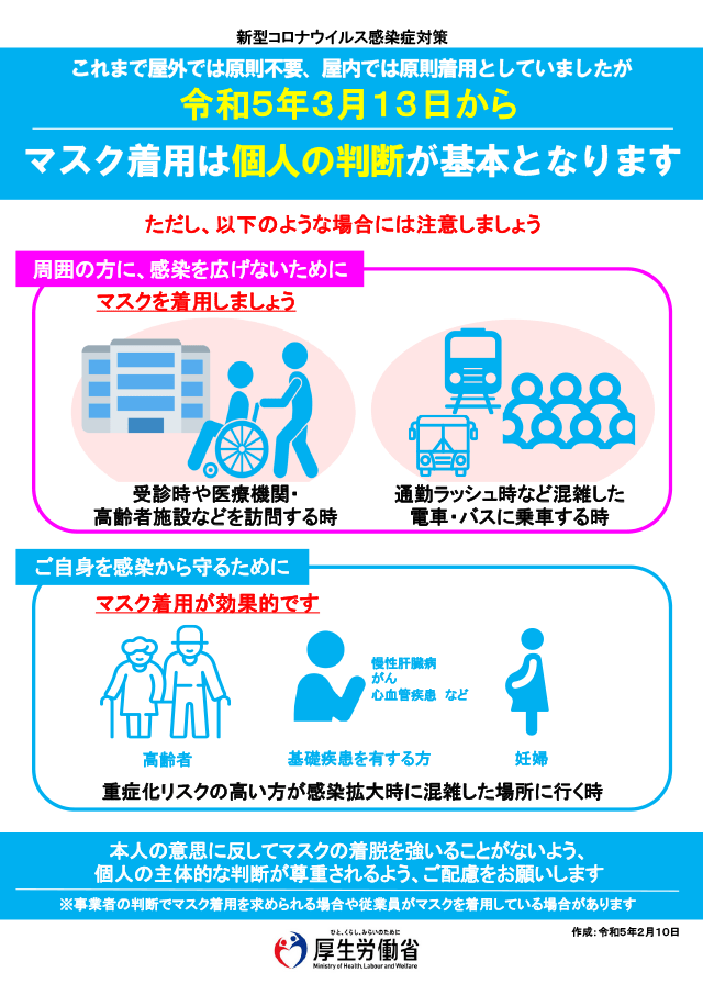 令和5年3月13日からマスク着用は個人の判断が基本となります