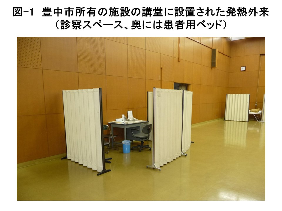 図-1 豊中市所有の施設の講堂に設置された発熱外来（診察スペース、奥には患者用ベッド）