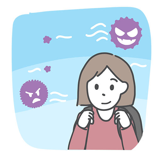 空気感染のイラスト（空気中のとても小さい病原体を吸いこむ）