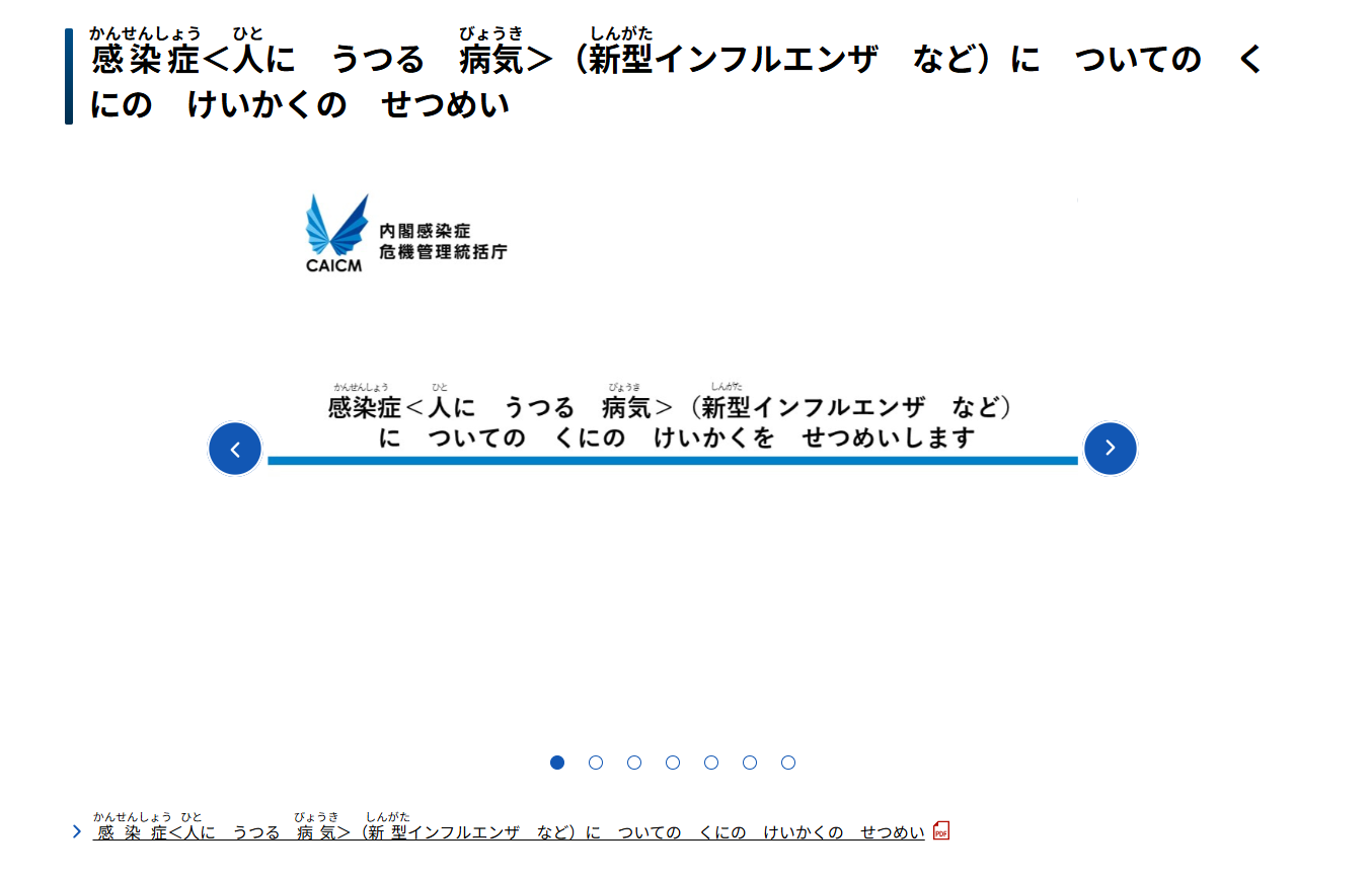 >感染症＜人に　うつる　病気＞（新型インフルエンザ　など）に　ついての　くにの　けいかくの　せつめい